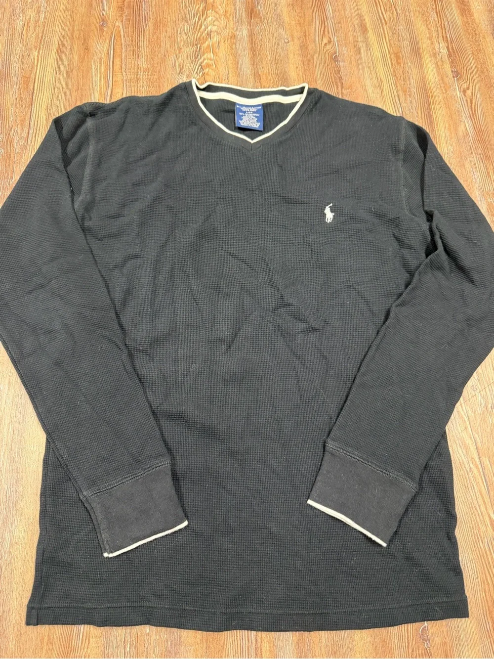 Polo Ralph Lauren black cotton thermal long sleeve shirt with white trim, size L